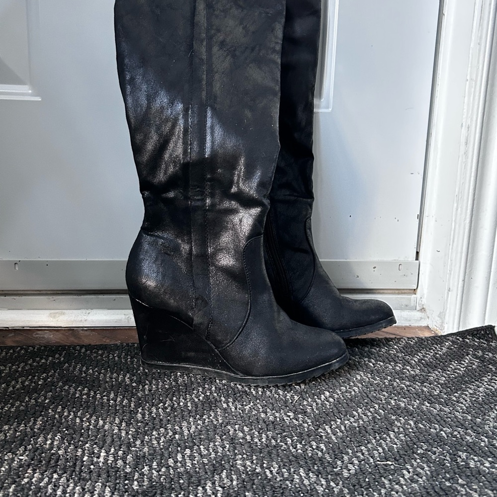Black Wedge Knee-High Boots